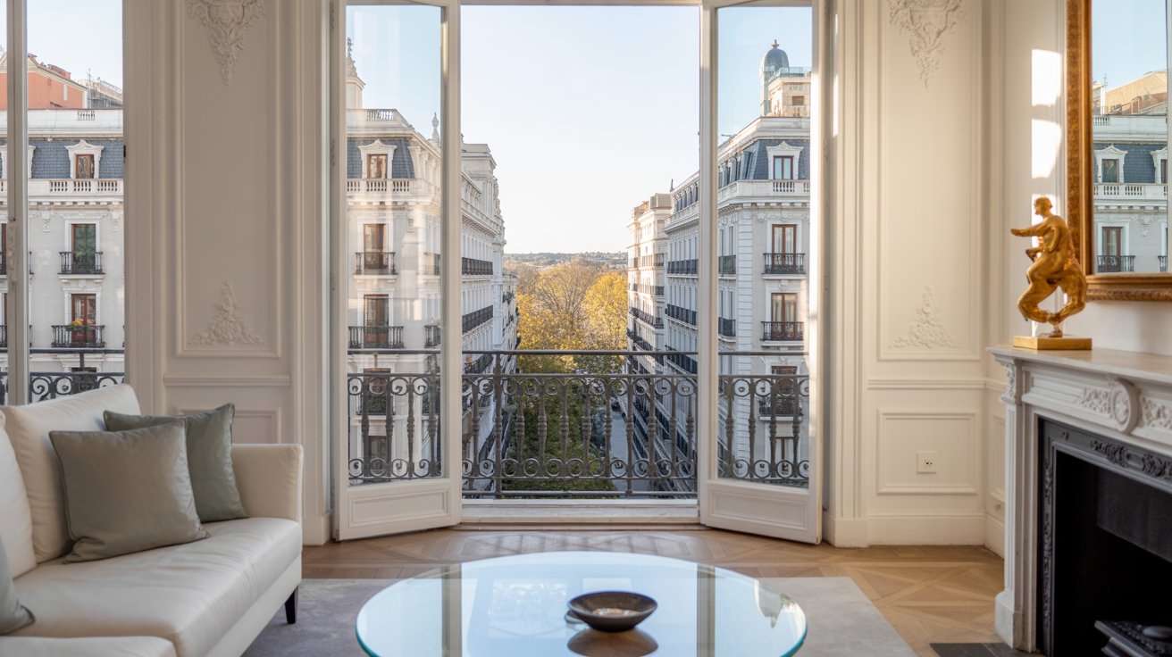 Ventana con vistas a un elegante edificio del Barrio de Salamanca, representando el estilo residencial de lujo de la zona.